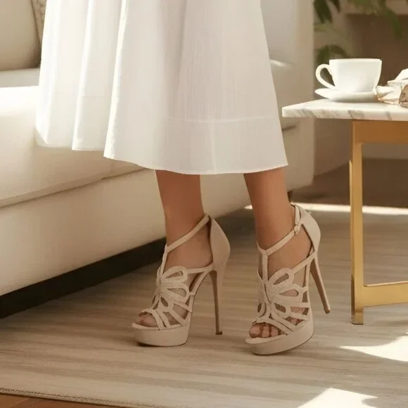 Jennifer Lopez ✦ Nude Suede Studded Cutout Platform Heels ✦ Ankle Strap 6 - Picture 10 of 12